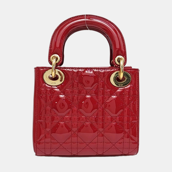 Authenticated pre-owned  Lady Dior Mini Quilted Patent Leather Red - Tote Bag at Looply