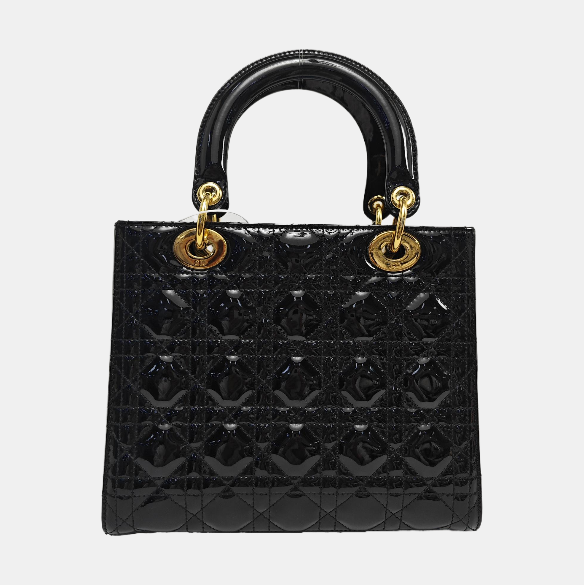 Authenticated pre-owned  Lady Dior Medium Quilted Patent Leather Black - Tote Bag at Looply