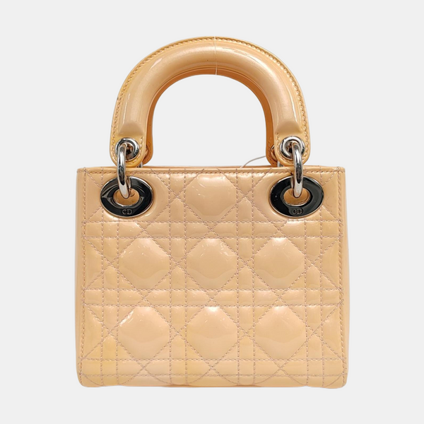 Authenticated pre-owned  Lady Dior Mini Cannage Patent Leather Beige - Tote Bag at Looply