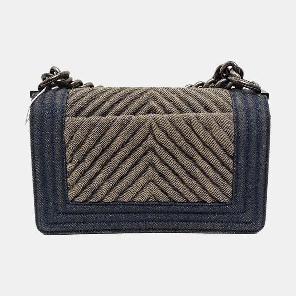 Authenticated pre-owned  BOY CHANEL Small Chevron, Quilted Denim Beige - Crossbody Bag at Looply
