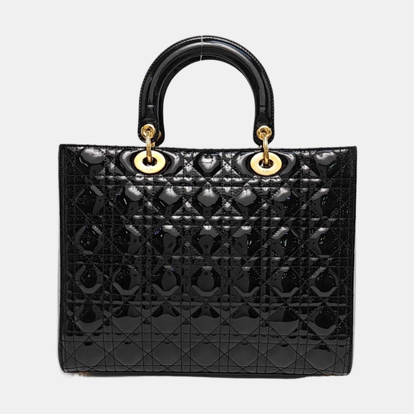 Authenticated pre-owned  Lady Dior Large Quilted Patent Leather Black - Tote Bag at Looply