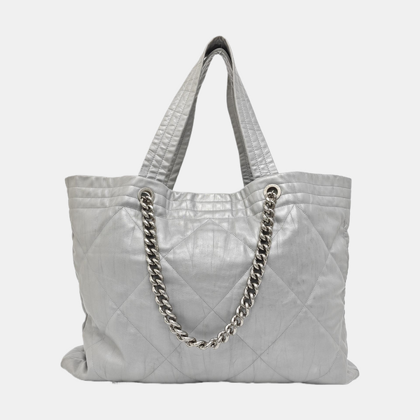 Quilted Calfskin Tote Bag Silver