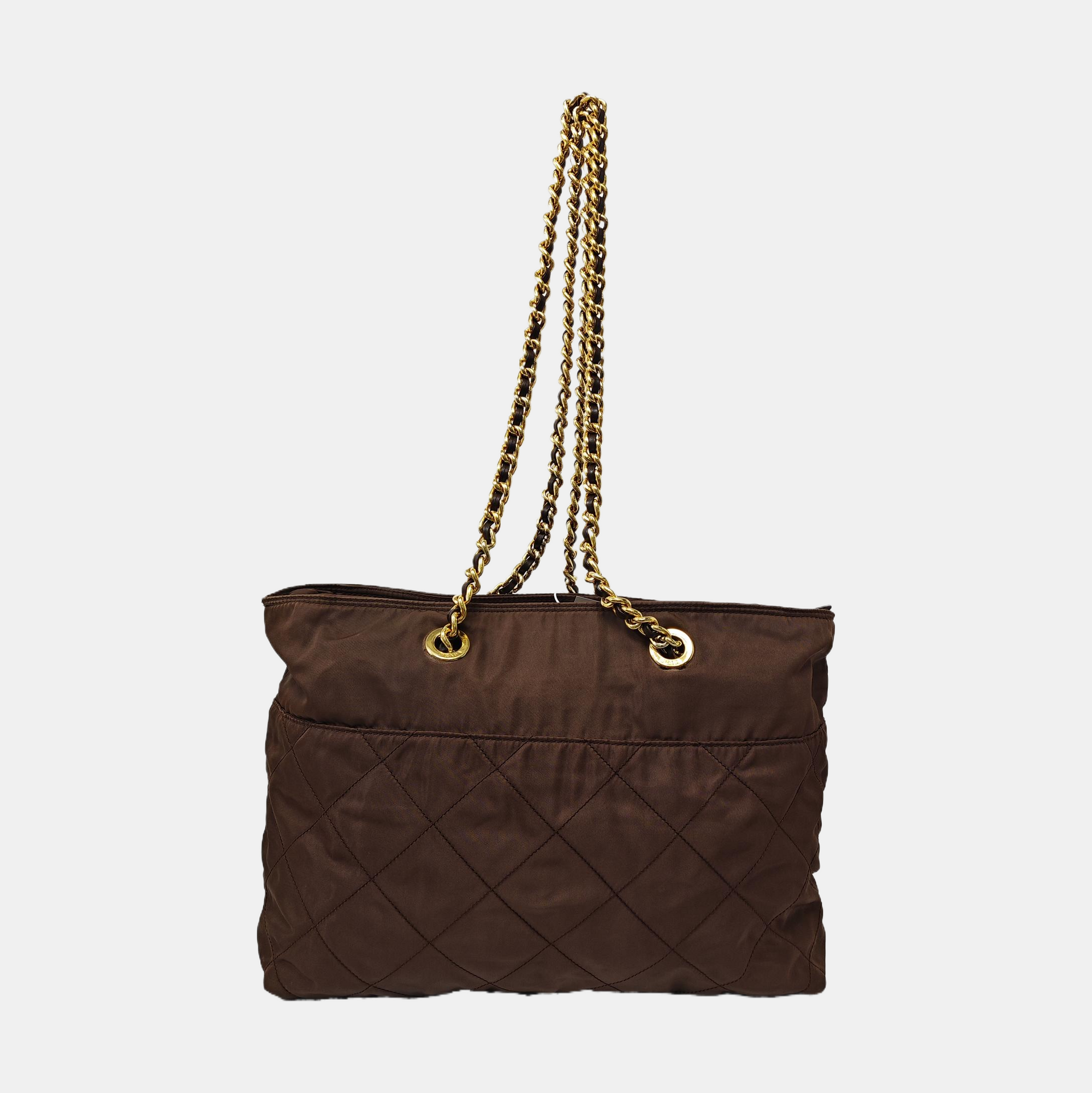Quilted Nylon Tote Bag Brown