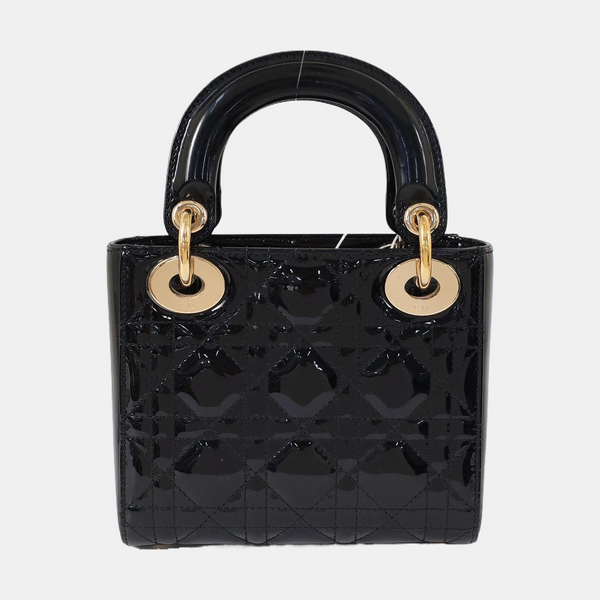 Authenticated pre-owned  Lady Dior Mini Quilted Patent Leather Black - Tote Bag at Looply