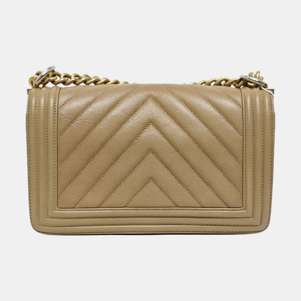 BOY CHANEL Medium Chevron, Quilted Grained Calfskin Beige