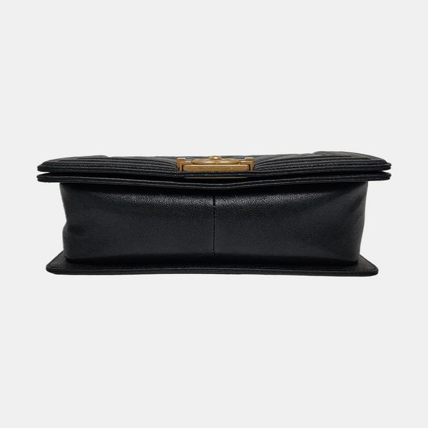 Authenticated pre-owned  BOY CHANEL Medium Chevron, Quilted Grained Calfskin Black - Shoulder Bag at Looply
