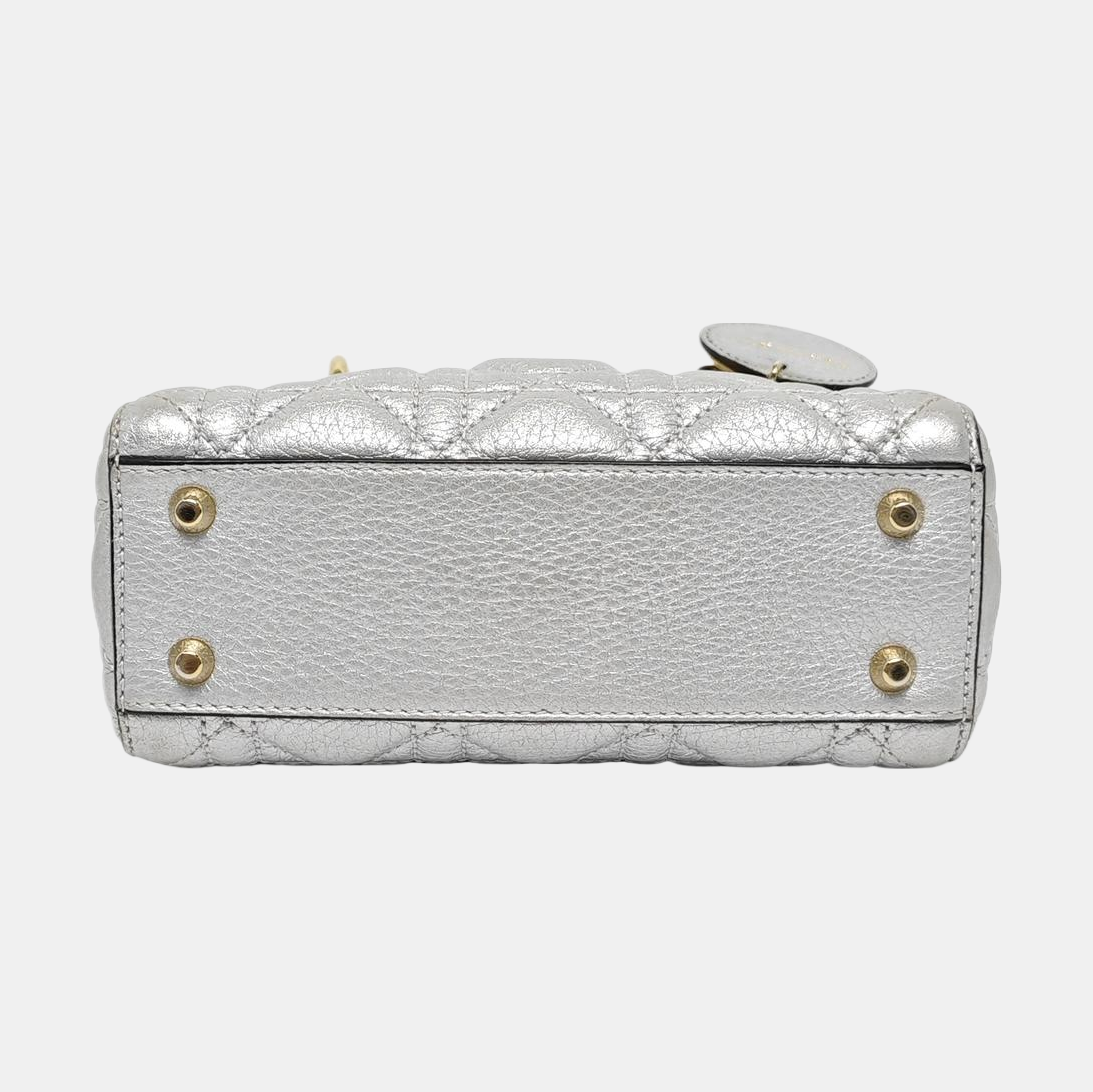 Authenticated pre-owned  Lady Dior Mini Cannage Lambskin Silver - Tote Bag at Looply