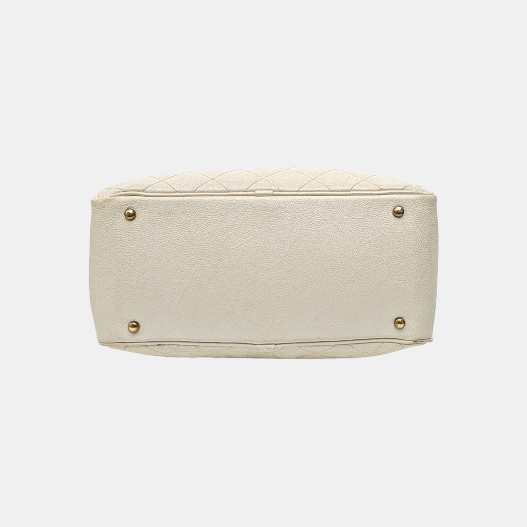 Quilted Grained Calfskin Shoulder Bag White