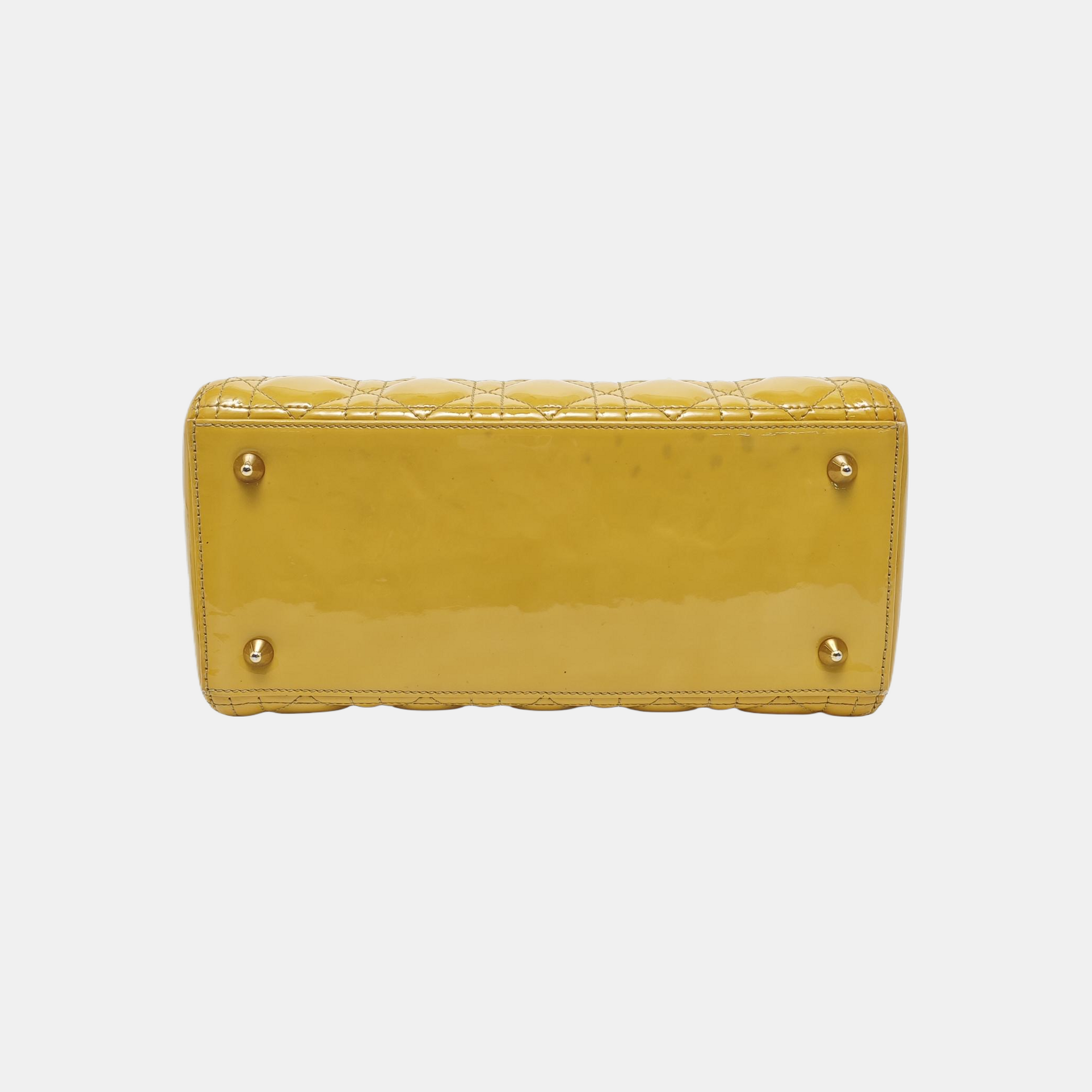 Authenticated pre-owned  Lady Dior Quilted Patent Leather Yellow - Tote Bag at Looply