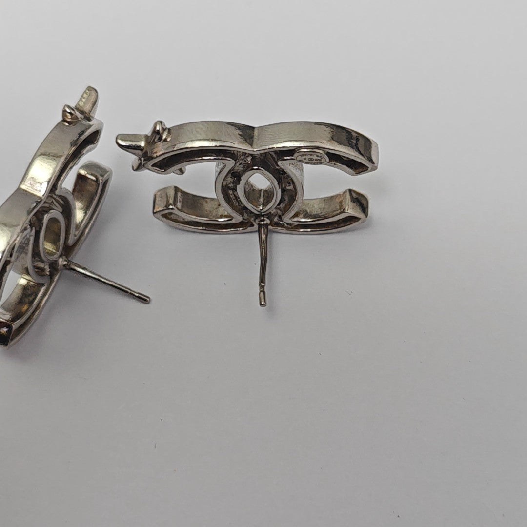 CC Logo Metal Silver Stud Earrings