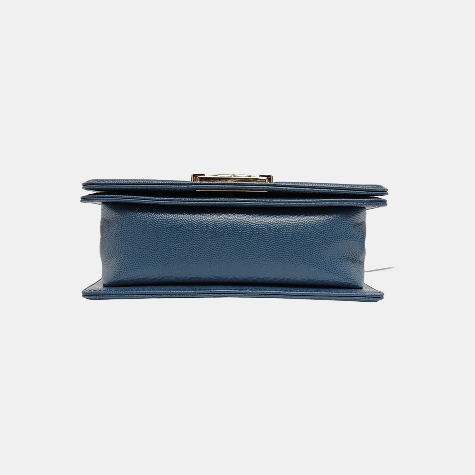 BOY CHANEL Small Chevron, Quilted Grained Calfskin Blue