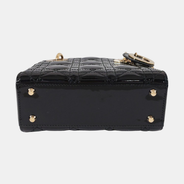 Authenticated pre-owned  Lady Dior Mini Quilted Patent Leather Black - Tote Bag at Looply
