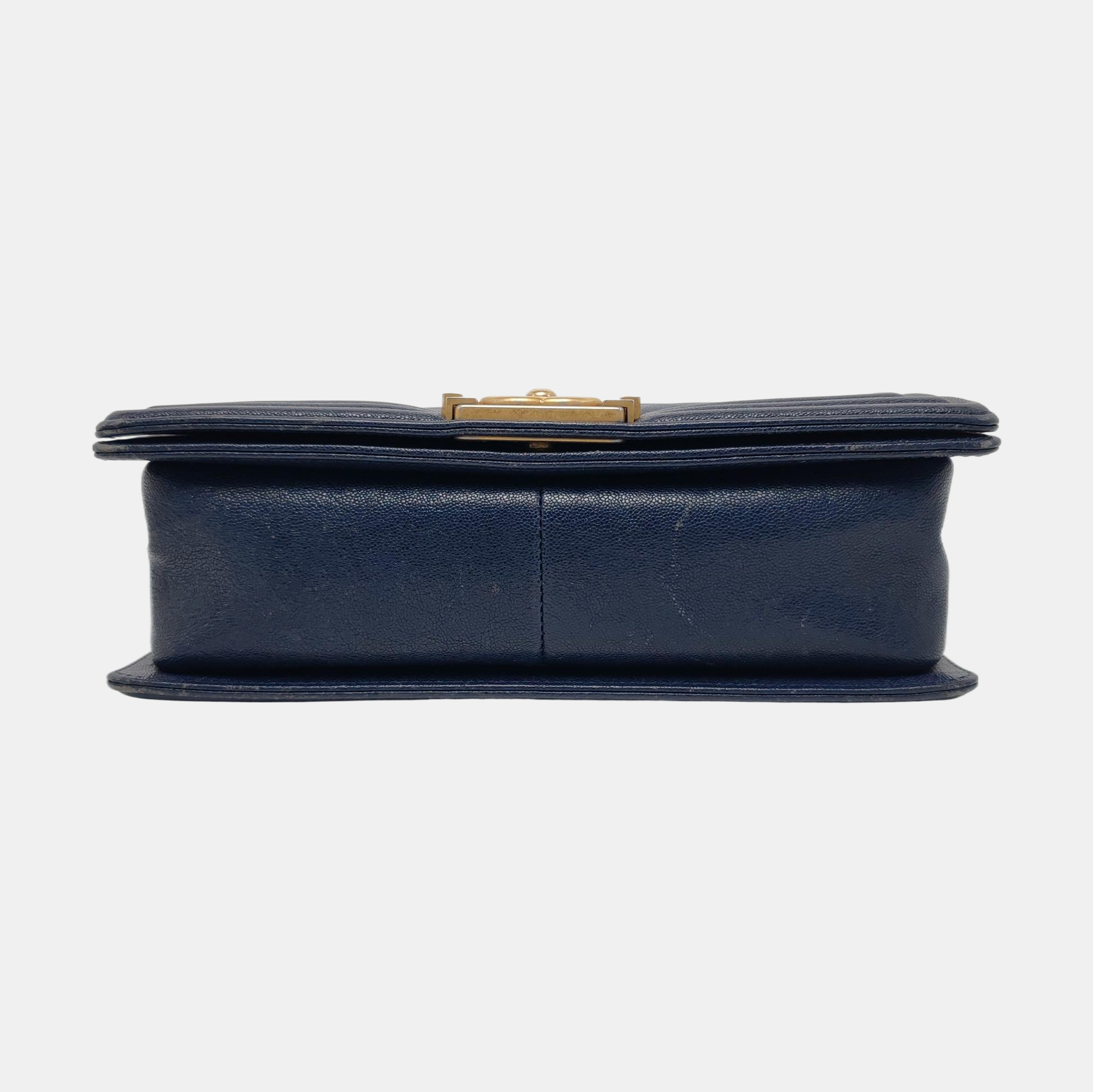Authenticated pre-owned  BOY CHANEL Chevron, Quilted Grained Calfskin Blue - Crossbody Bag at Looply