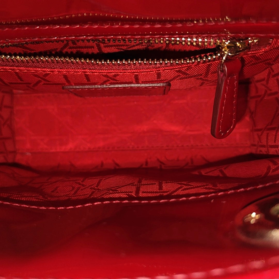 Authenticated pre-owned  Lady Dior Mini Quilted Patent Calfskin Red - Tote Bag at Looply