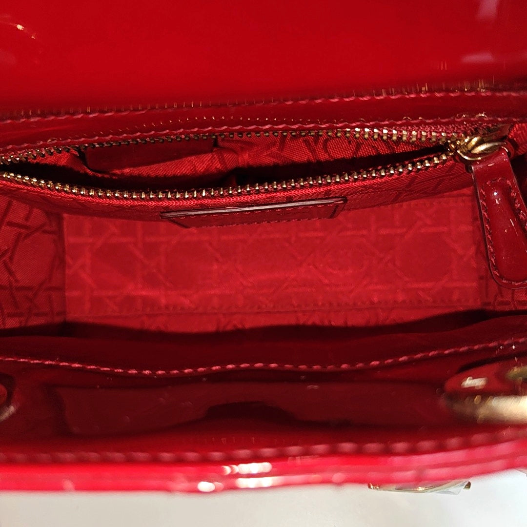 Authenticated pre-owned  Lady Dior Mini Quilted Patent Leather Red - Tote Bag at Looply
