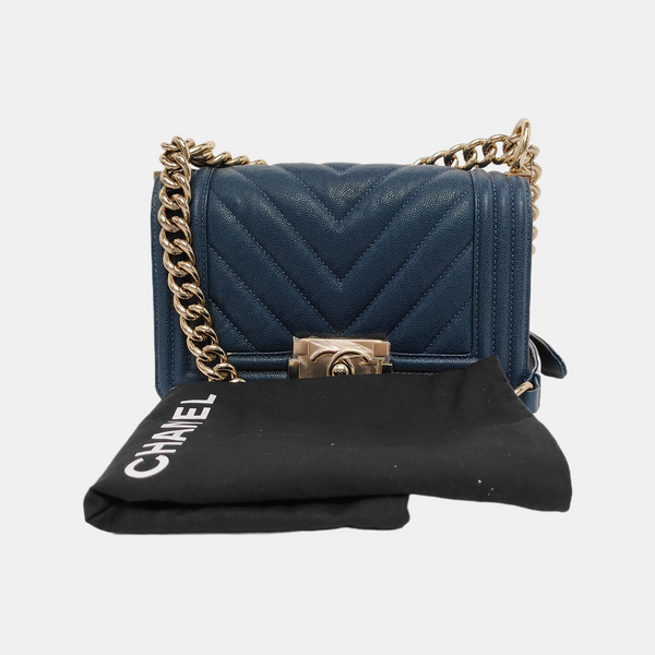 BOY CHANEL Small Chevron, Quilted Grained Calfskin Blue