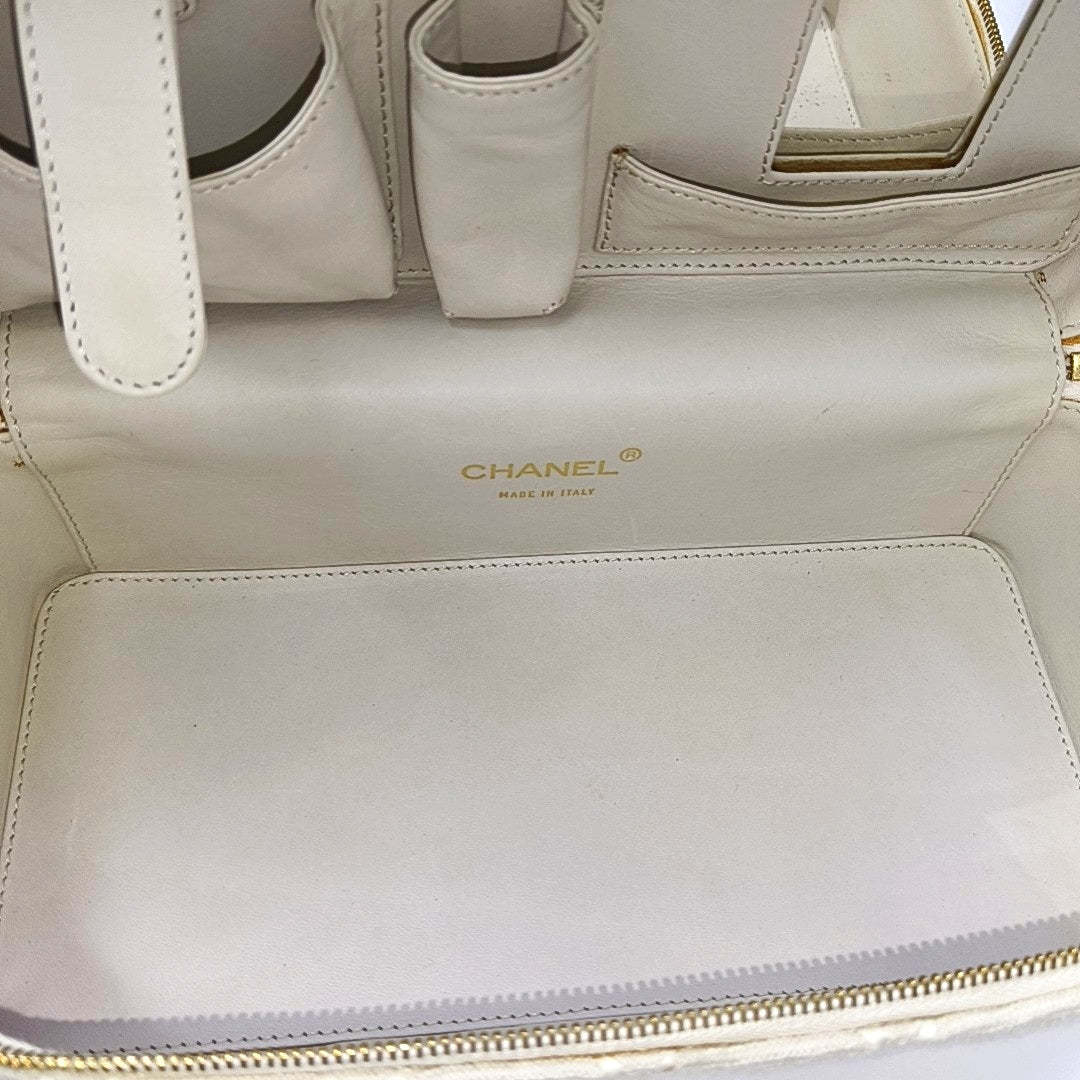 Quilted Fabric Top Handle Bag Beige
