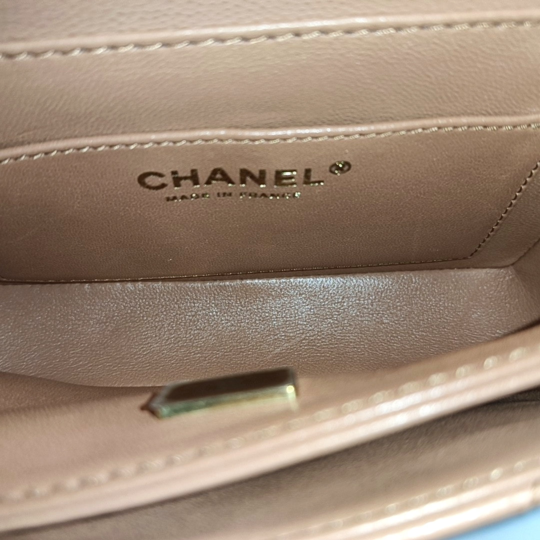 Authenticated pre-owned  CLASSIC FLAP Mini Quilted Grained Calfskin Beige - Shoulder Bag at Looply