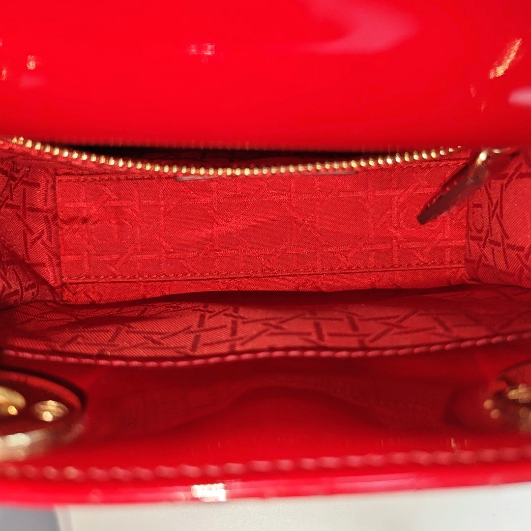 Authenticated pre-owned  Lady Dior Mini Quilted Patent Leather Red - Tote Bag at Looply