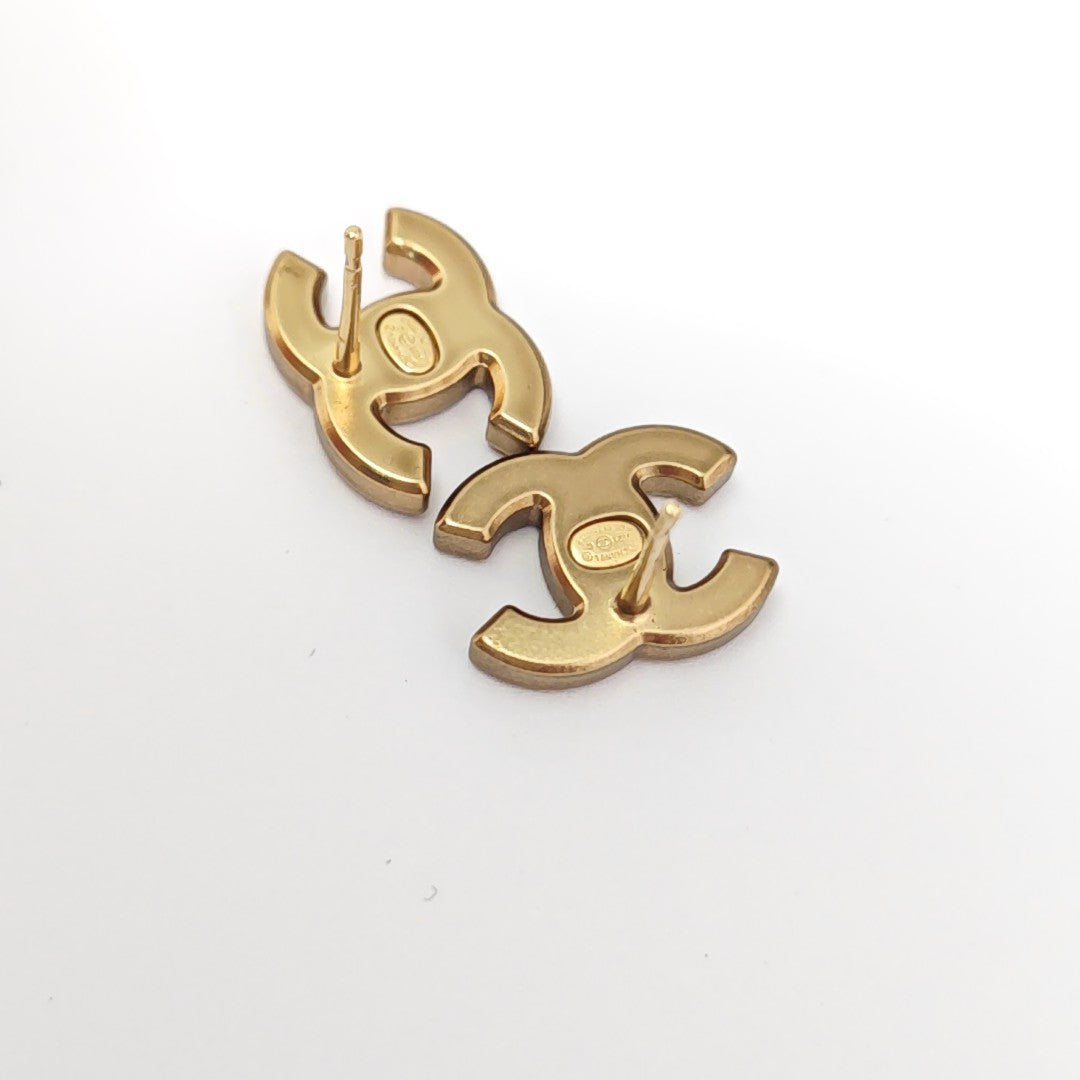 CC Logo Brass Gold Stud Earrings