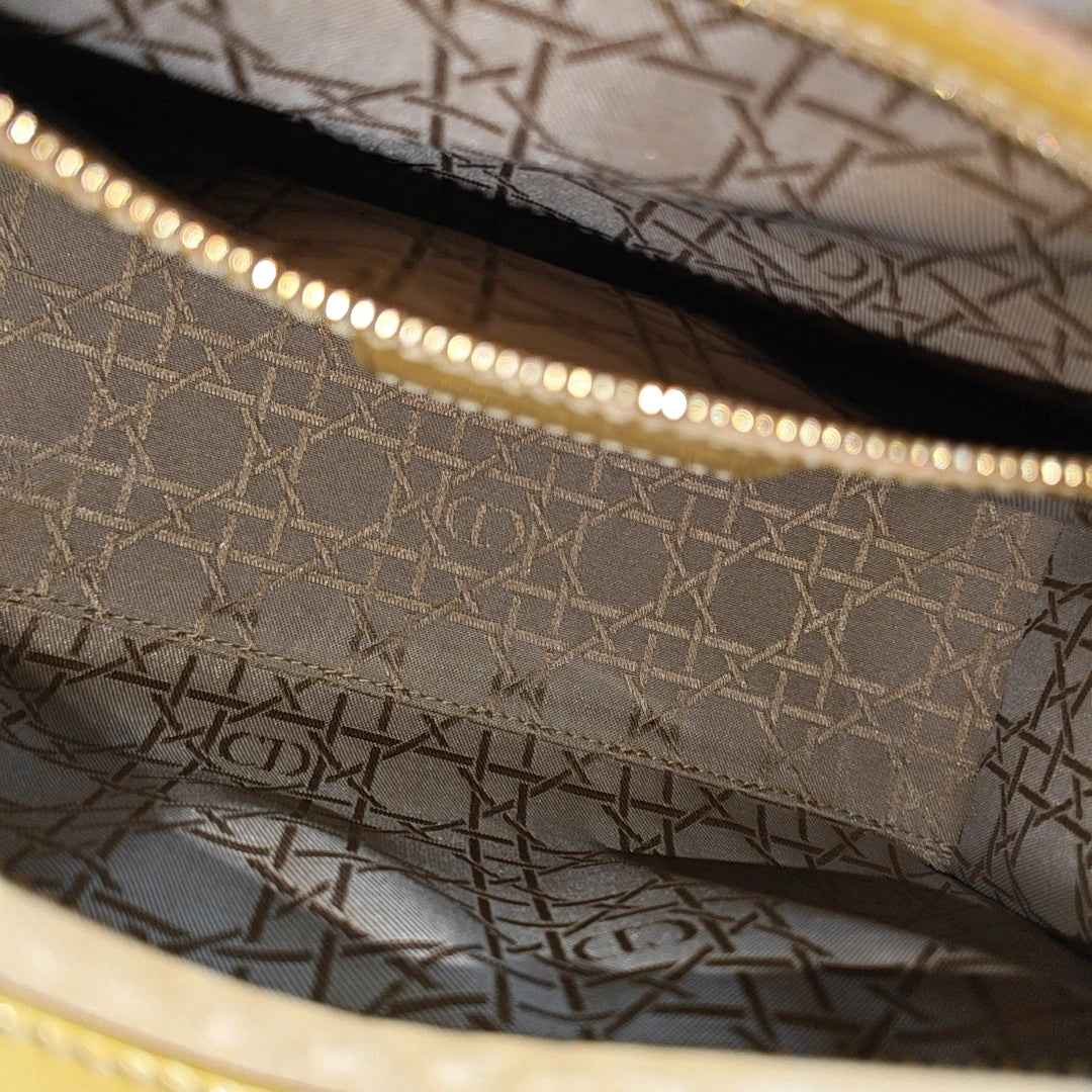 Authenticated pre-owned  Lady Dior Medium Quilted Patent Leather Beige - Top Handle Bag at Looply