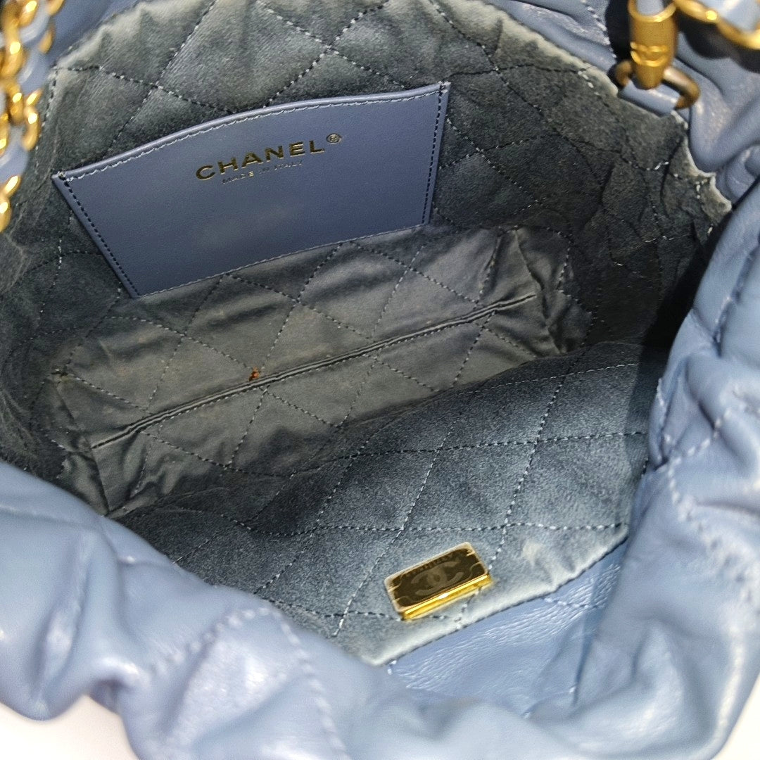 Authenticated pre-owned  CHANEL 22 Mini Quilted Calfskin Blue - Bucket Bag at Looply