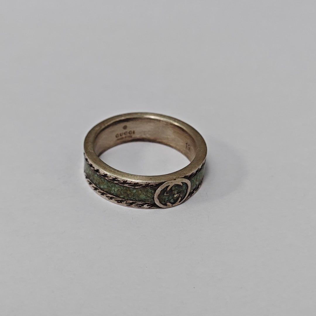 Interlocking G 925 Sterling Silver Green Ring HK 19