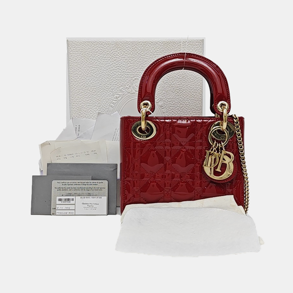 Lady Dior Mini Cannage Patent Calfskin Red