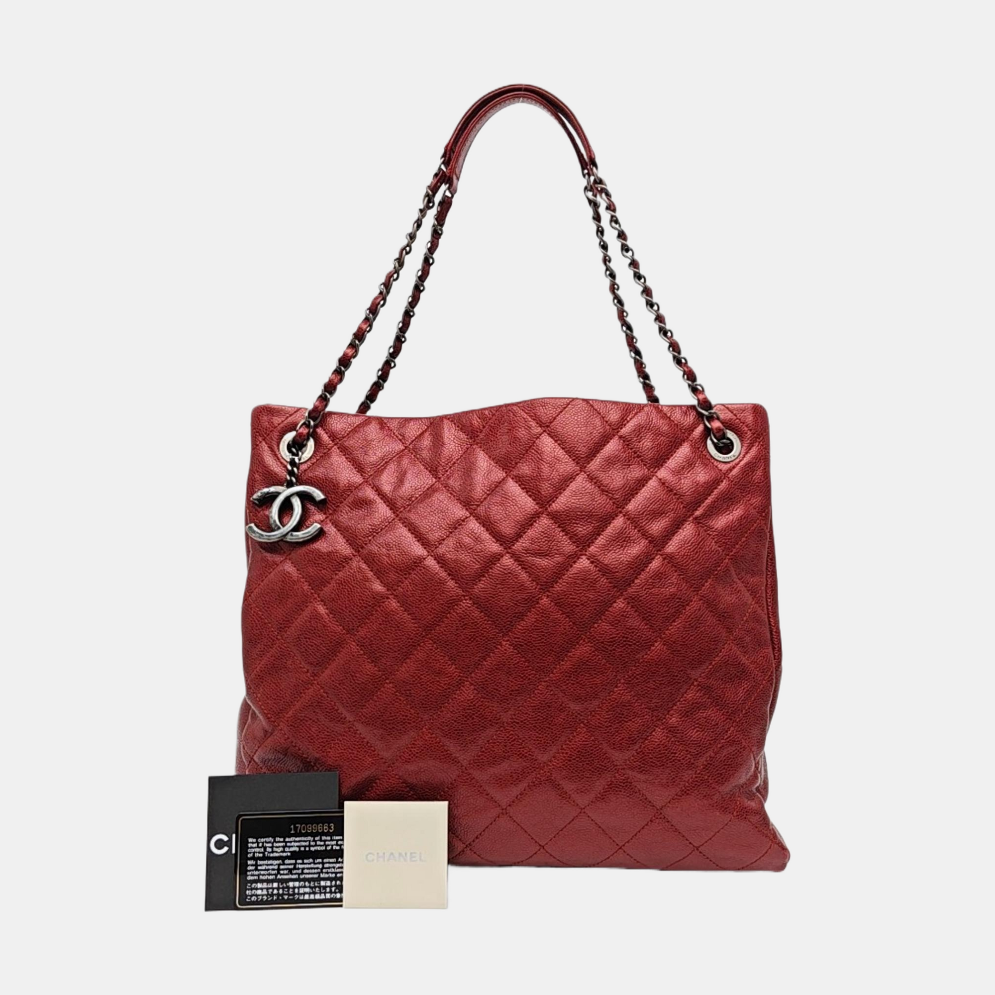 Quilted Grained Calfskin Tote Bag Red