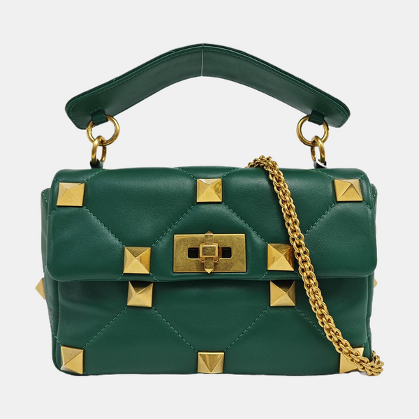 Roman Stud Medium Quilted Lambskin Green