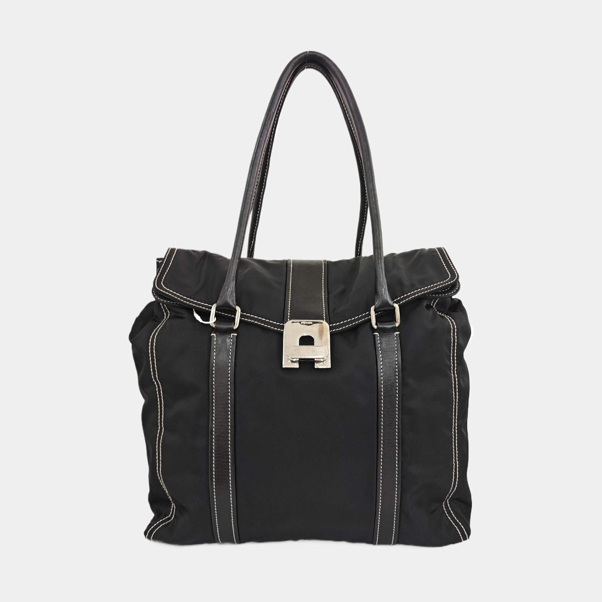 Quilted Nylon Top Handle Bag Black