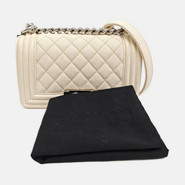 BOY CHANEL Small Quilted Grained Calfskin White