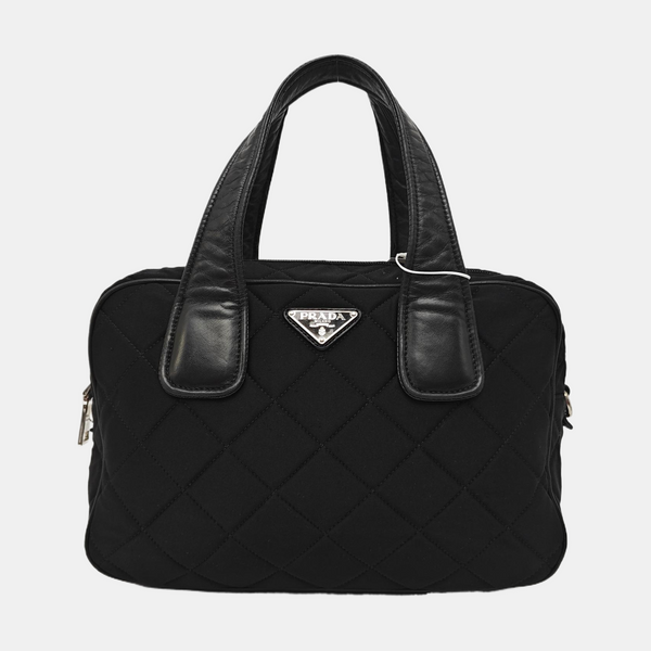 Quilted Fabric Top Handle Bag Black