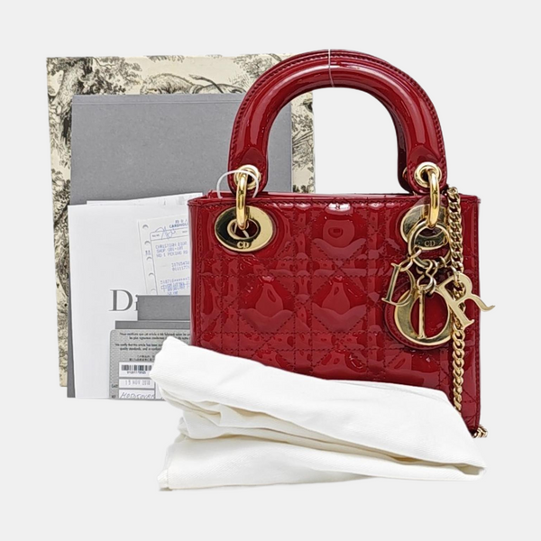 Authenticated pre-owned  Lady Dior Mini Quilted Patent Leather Red - Tote Bag at Looply
