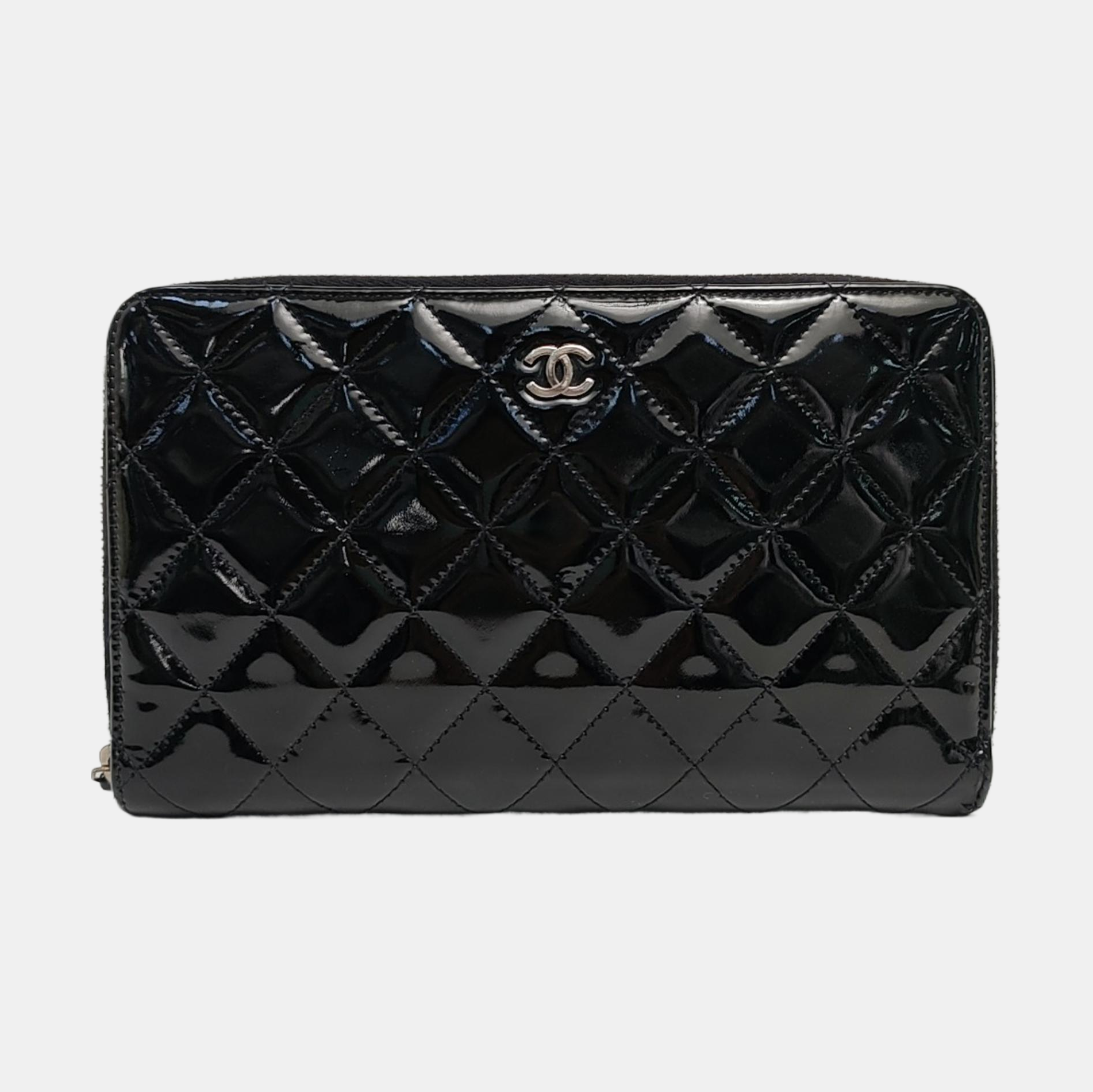 Quilted Patent Calfskin Wallet Black