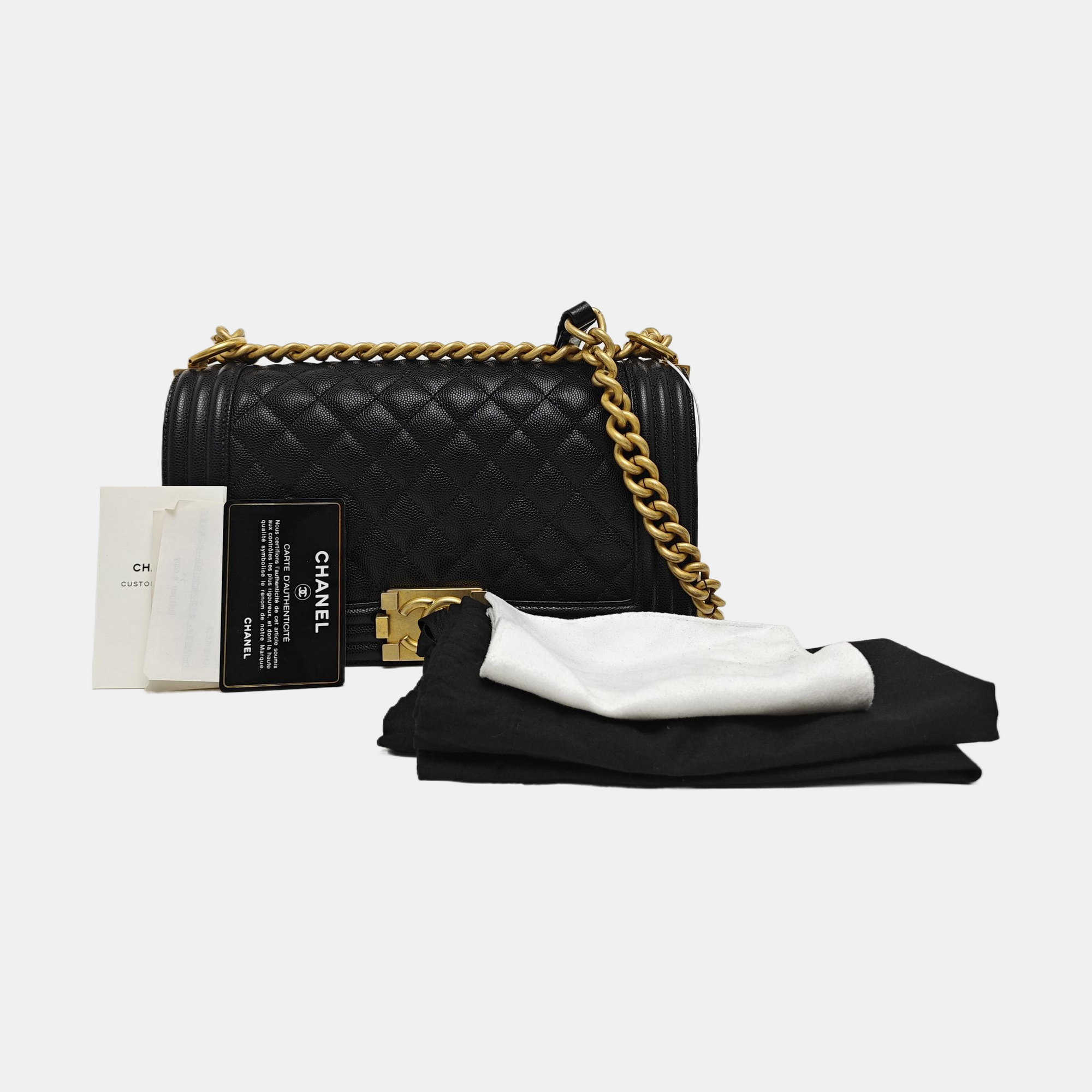 Authenticated pre-owned  BOY CHANEL Medium Quilted Grained Calfskin Black - Shoulder Bag at Looply