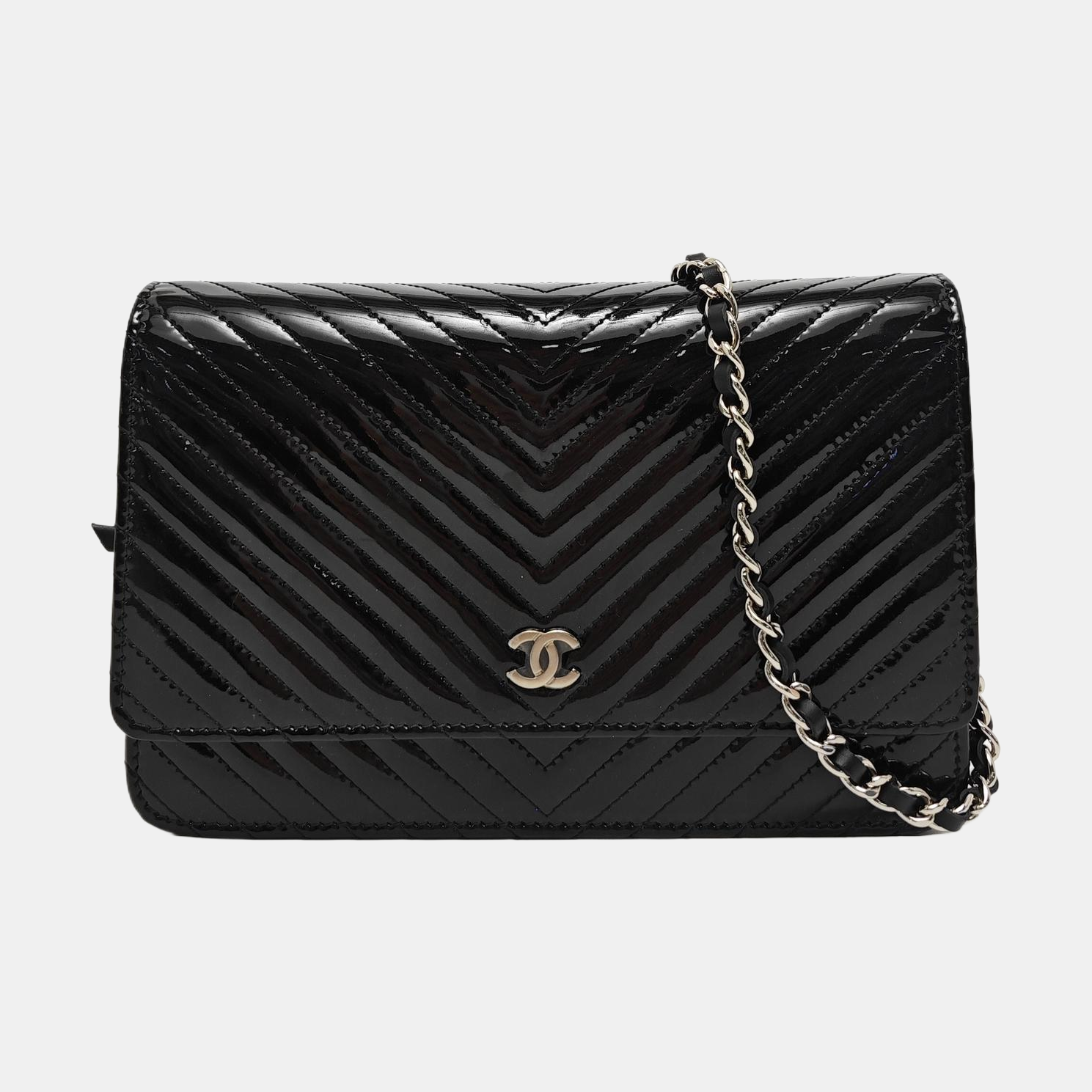 WOC Chevron, Quilted Patent Calfskin Black