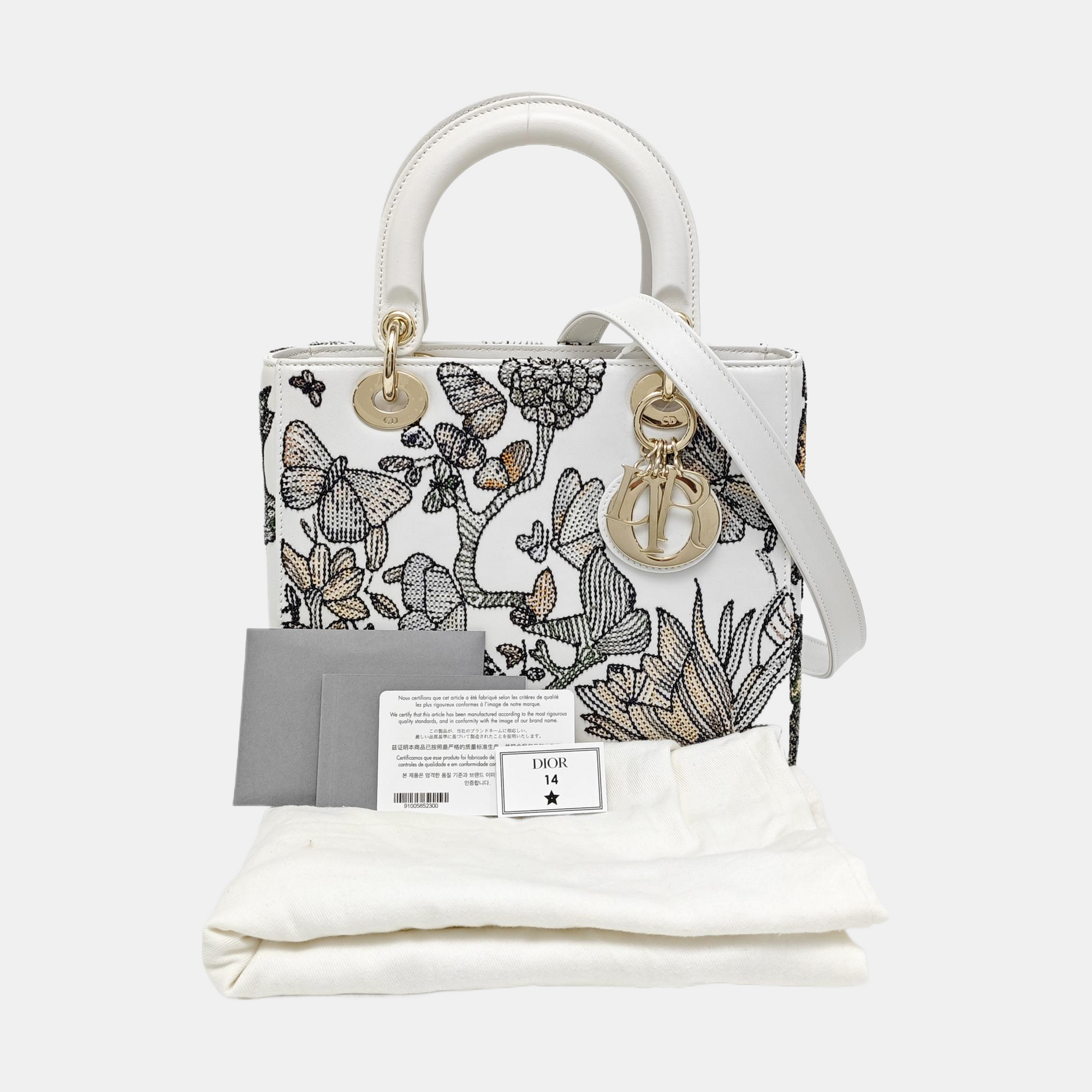 Authenticated pre-owned  Lady Dior Medium Calfskin White - Tote Bag at Looply