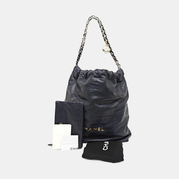 CHANEL 22 Large Quilted Grained Calfskin Blue