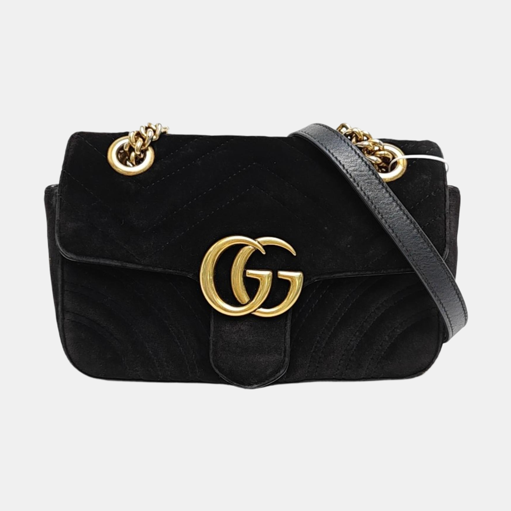 GG Marmont Pequeño Terciopelo Acolchado Negro