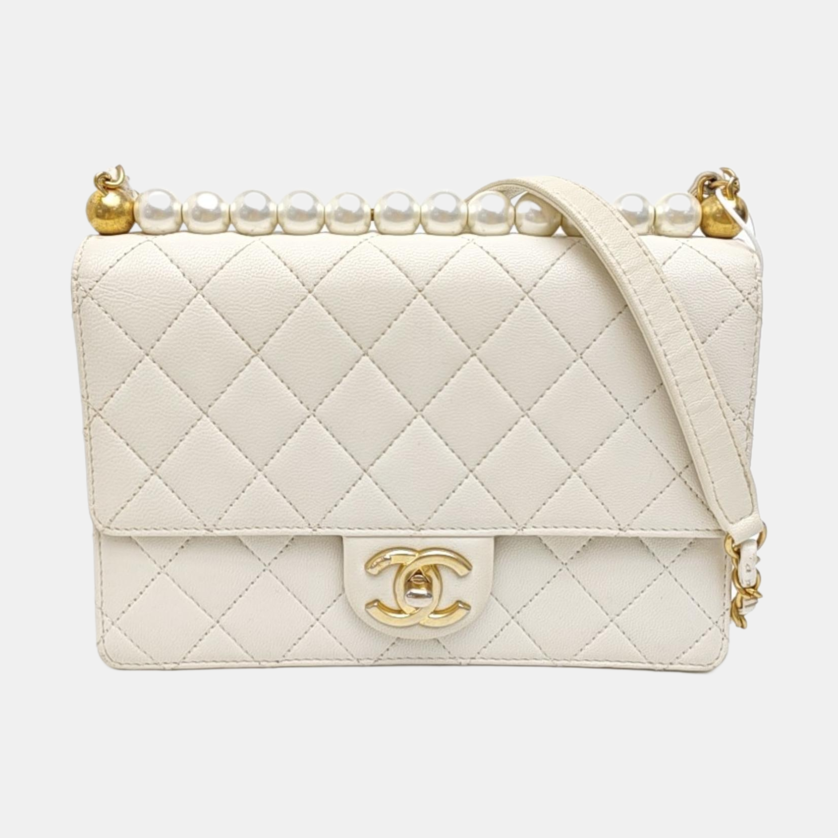 CLASSIC VERTICAL PEARL Quilted Lambskin White