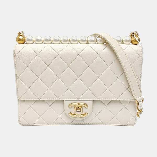 CLASSIC VERTICAL PEARL Quilted Lambskin White