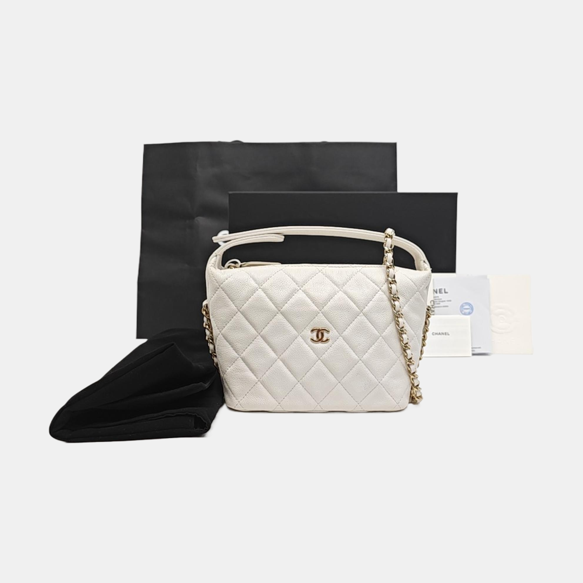 Quilted Grained Calfskin Shoulder Bag White