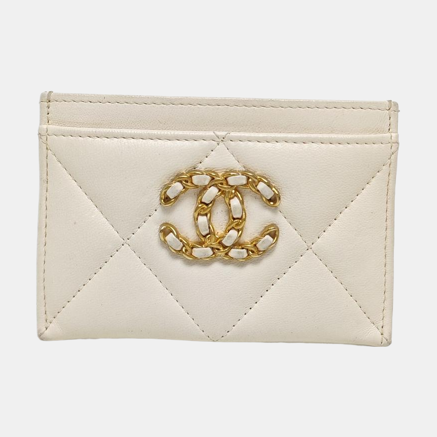 Authenticated pre-owned  CHANEL 19 Quilted Lambskin White Card Holder - Card Holder at Looply