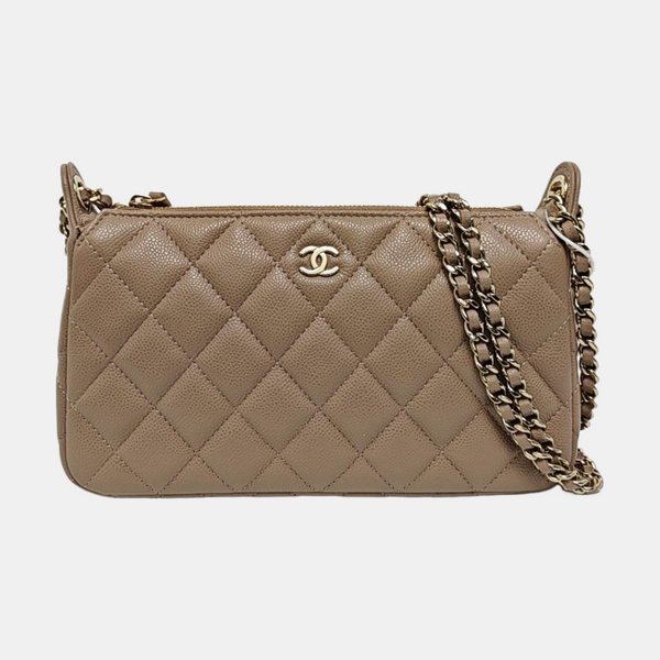 Quilted Grained Calfskin Shoulder Bag Beige