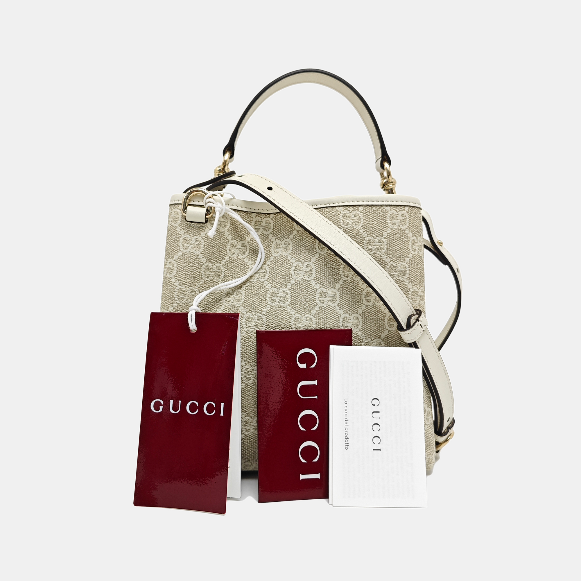 GG Emblem Small Monogram Coated Canvas Beige