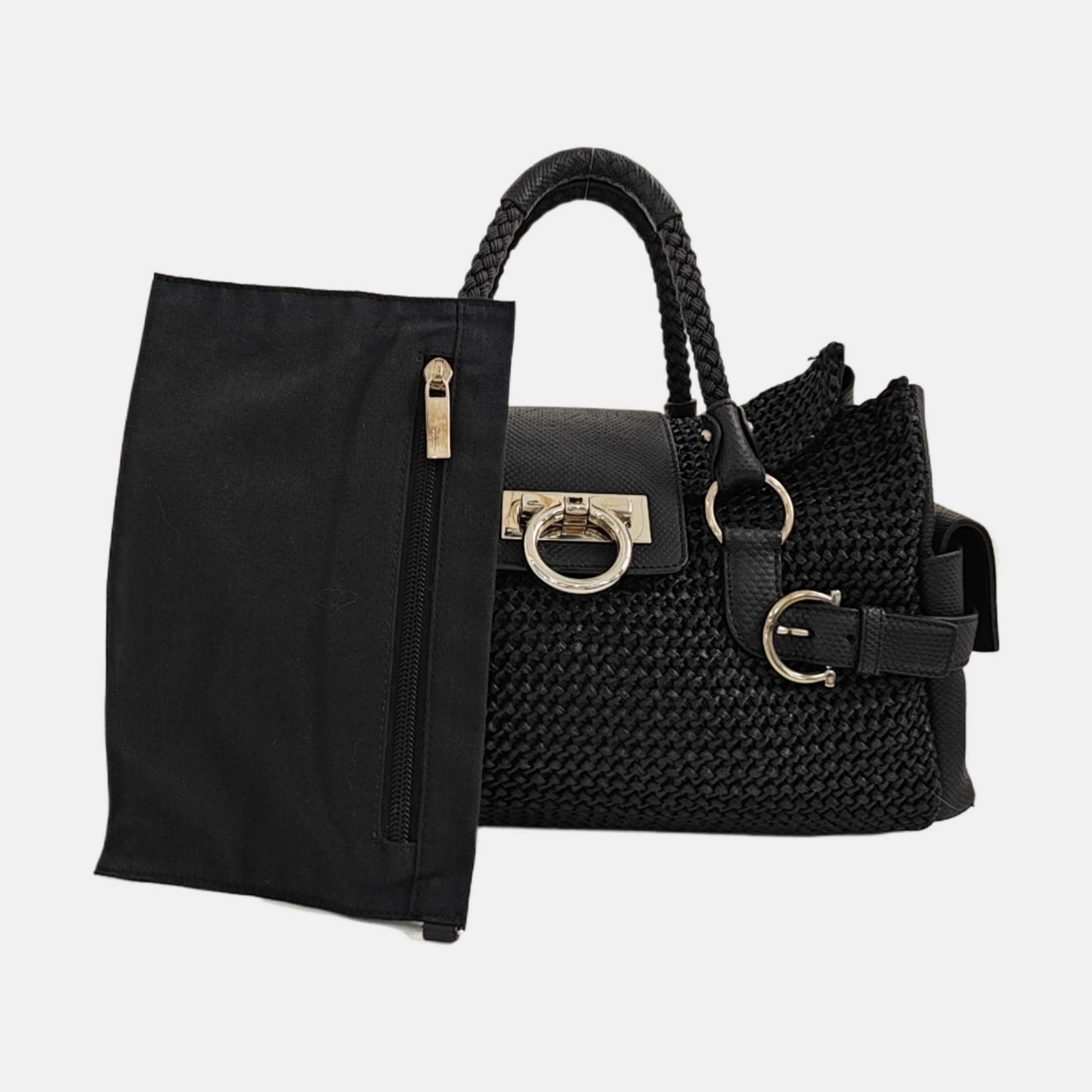 Straw Top Handle Bag Black