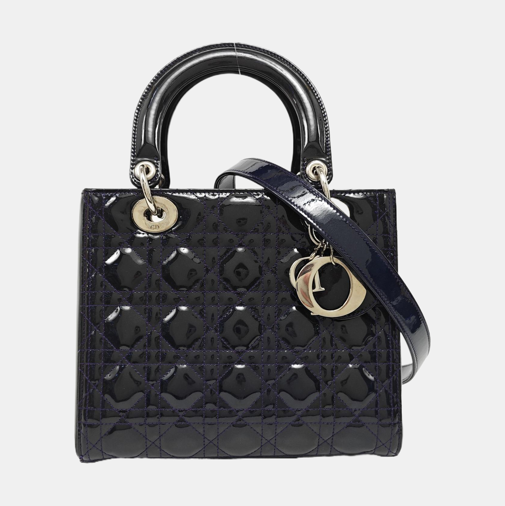 Authenticated pre-owned  Lady Dior Medium Quilted Patent Leather Blue - Tote Bag at Looply