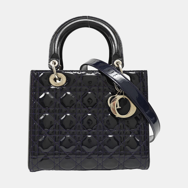 Authenticated pre-owned  Lady Dior Medium Quilted Patent Leather Blue - Tote Bag at Looply
