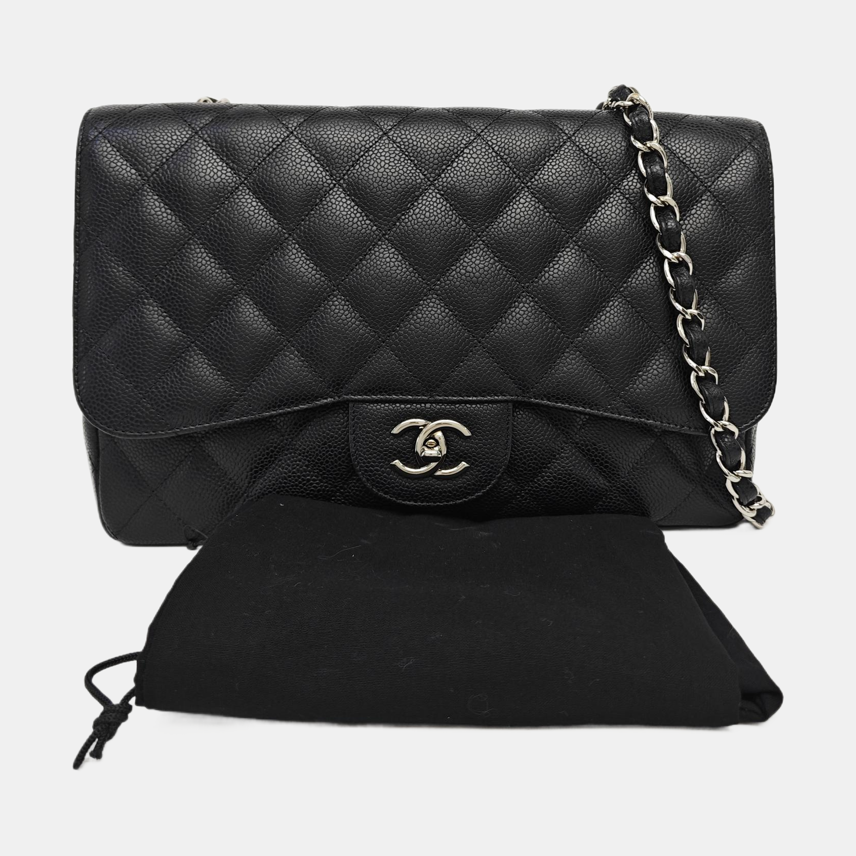 Quilted Grained Calfskin Shoulder Bag Large Black